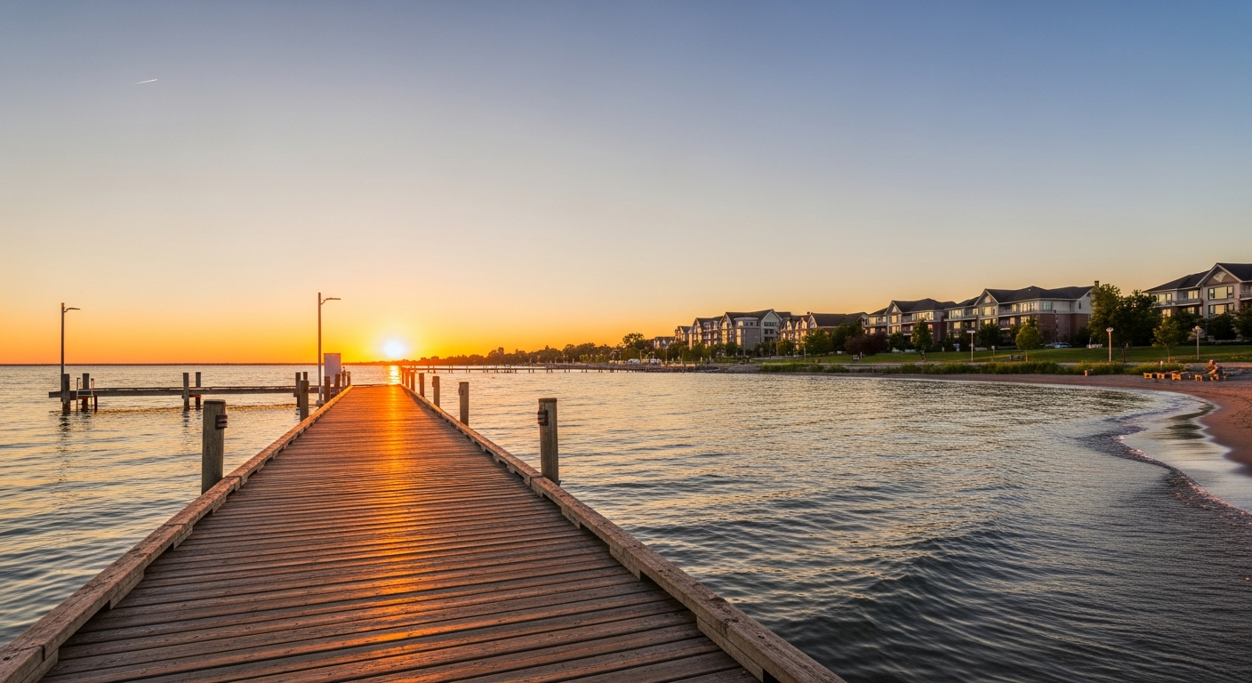 Pickering Ontario waterfront at golden hour with Lake Ontario and Nautical Village