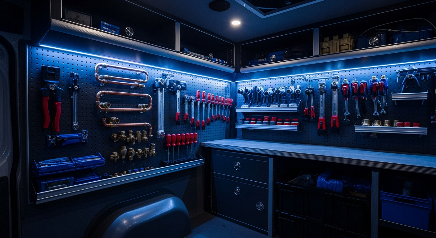 A premium Toronto plumbing service van interior at night with sapphire LED accent lighting