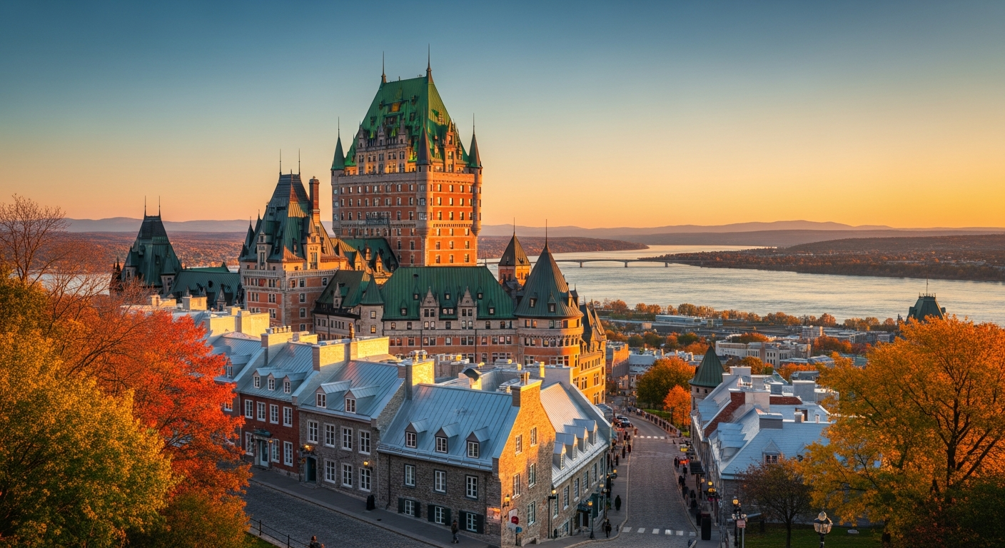 Quebec City old town with Chateau Frontenac at golden hour overlooking the Saint Lawrence River