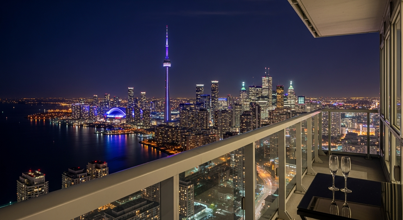 A premium Toronto downtown condo balcony at dusk with CN Tower glowing in the background
