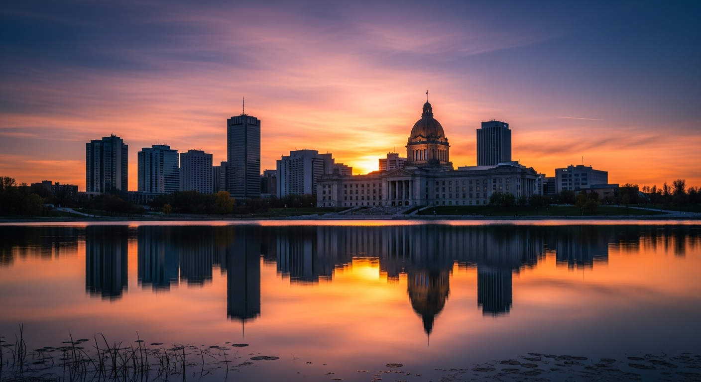 Regina Saskatchewan downtown skyline with Saskatchewan Legislative Building reflected in Wascana Lake at sunset
