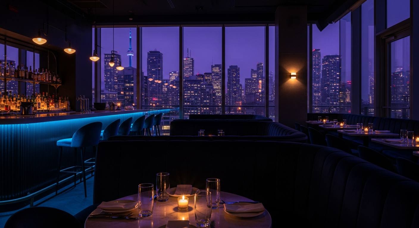 A premium dimly lit Toronto restaurant interior at dusk with sapphire neon accents