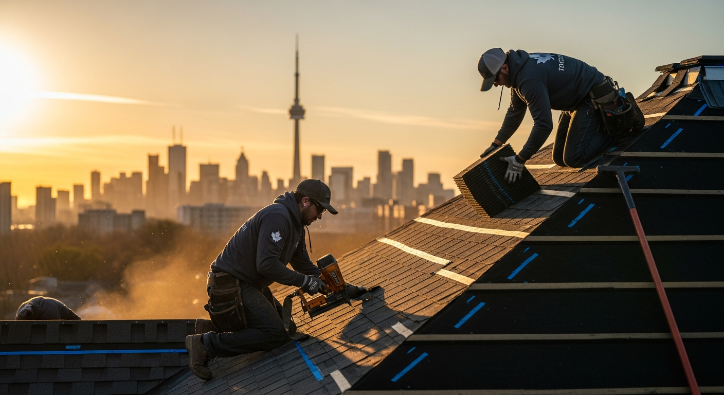 A premium Toronto roofing crew installing shingles with sapphire ambient highlights