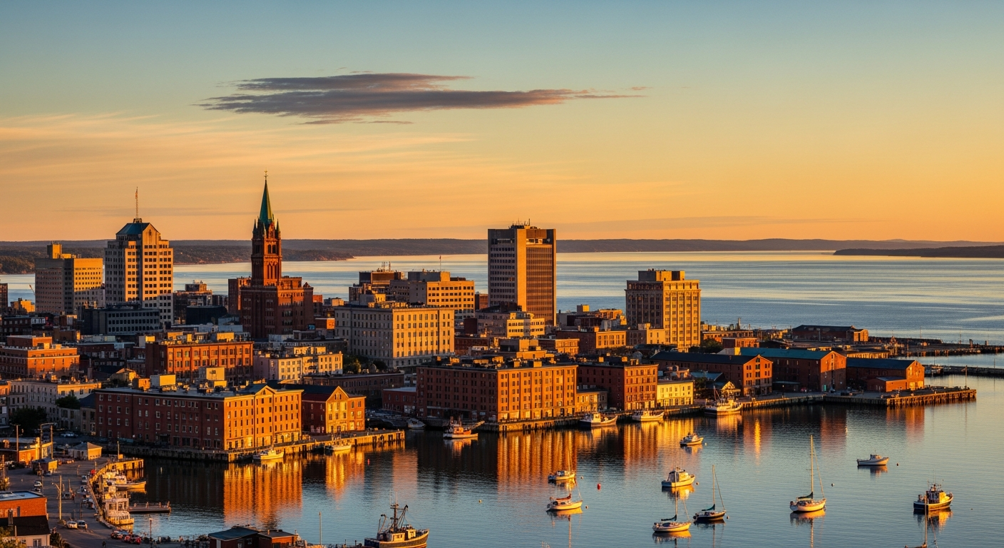 Saint John New Brunswick uptown skyline at golden hour with the harbour and Bay of Fundy