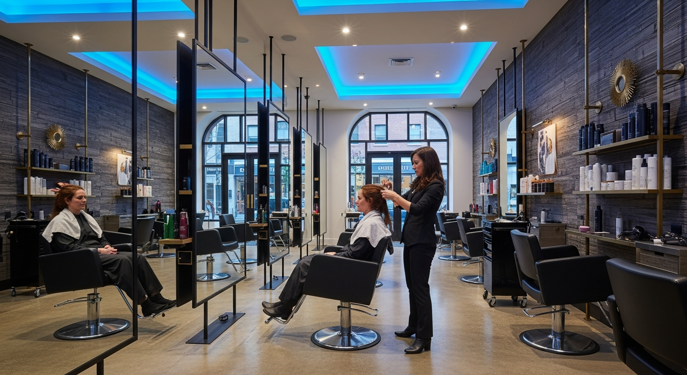 A premium Toronto hair salon interior with modern Yorkville aesthetic at golden hour