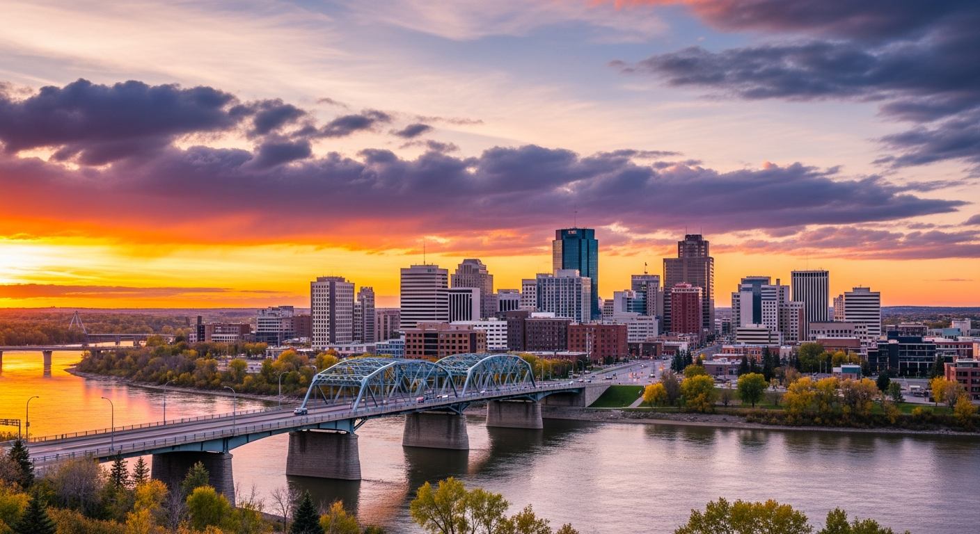 Saskatoon Saskatchewan downtown skyline at golden hour with Broadway Bridge over the South Saskatchewan River