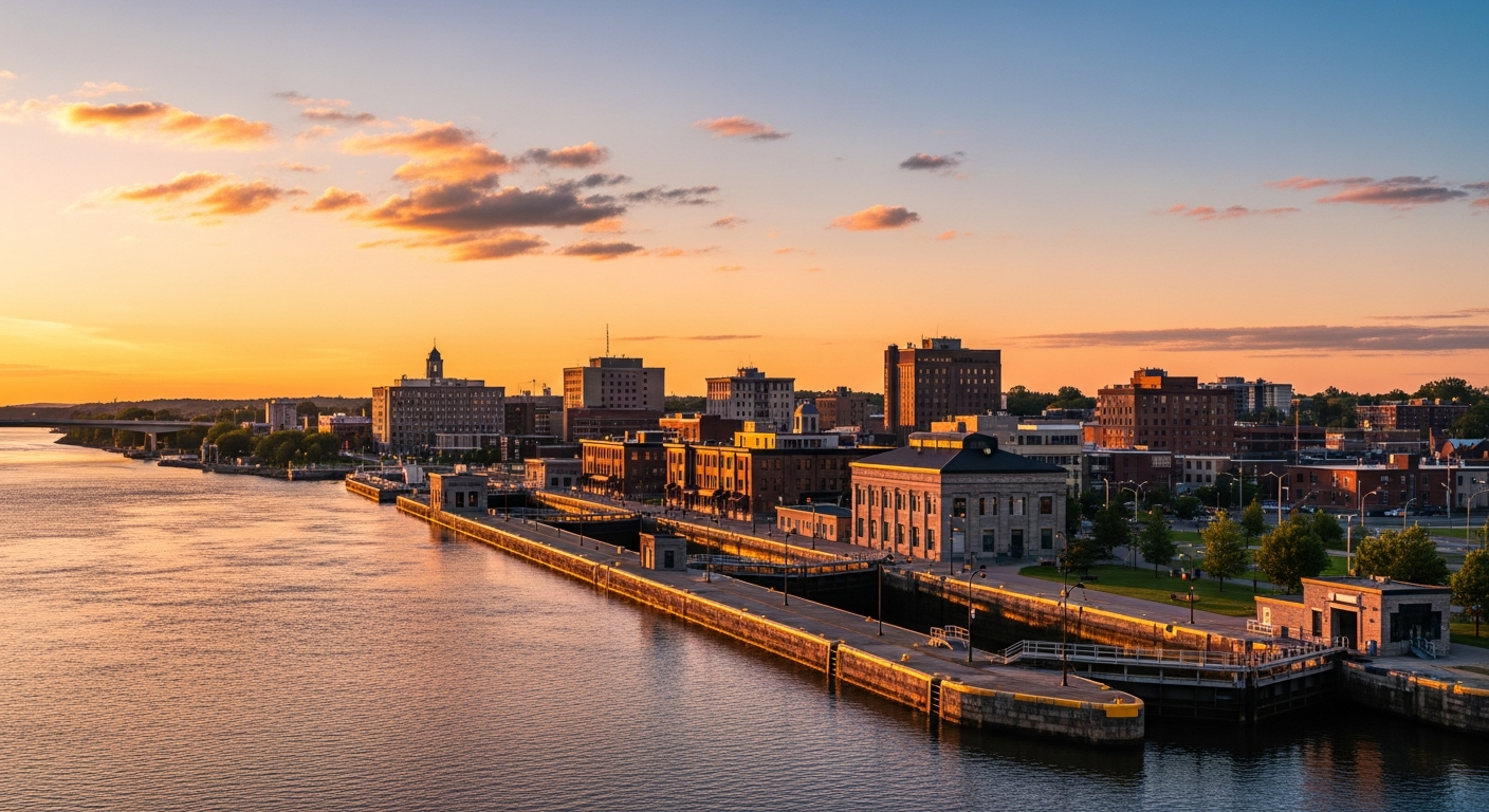 Sault Ste Marie Ontario waterfront at golden hour with St Marys River and historic Sault locks