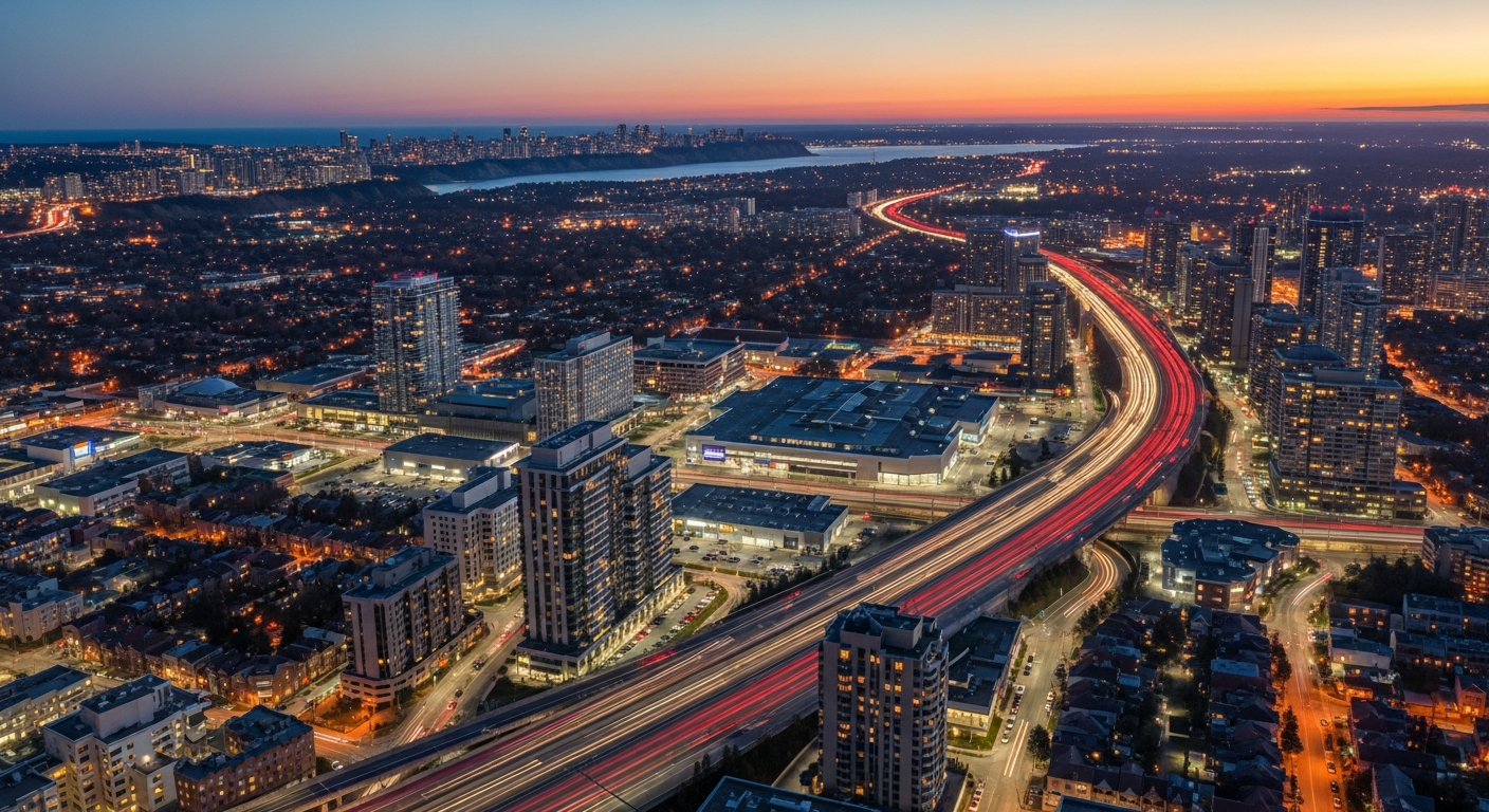 Aerial view of Scarborough at dusk in the Greater Toronto Area