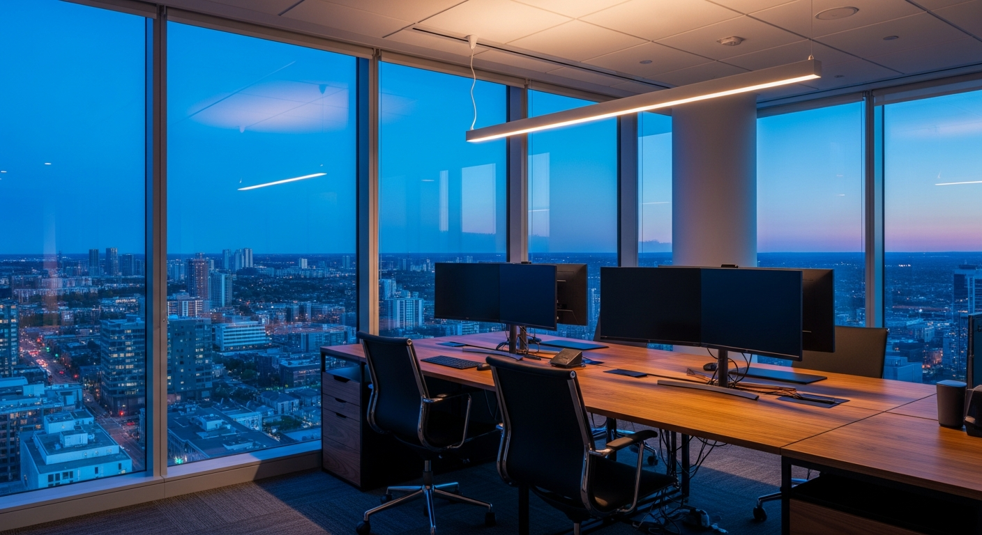 A modern marketing strategist's workspace overlooking Scarborough at dusk