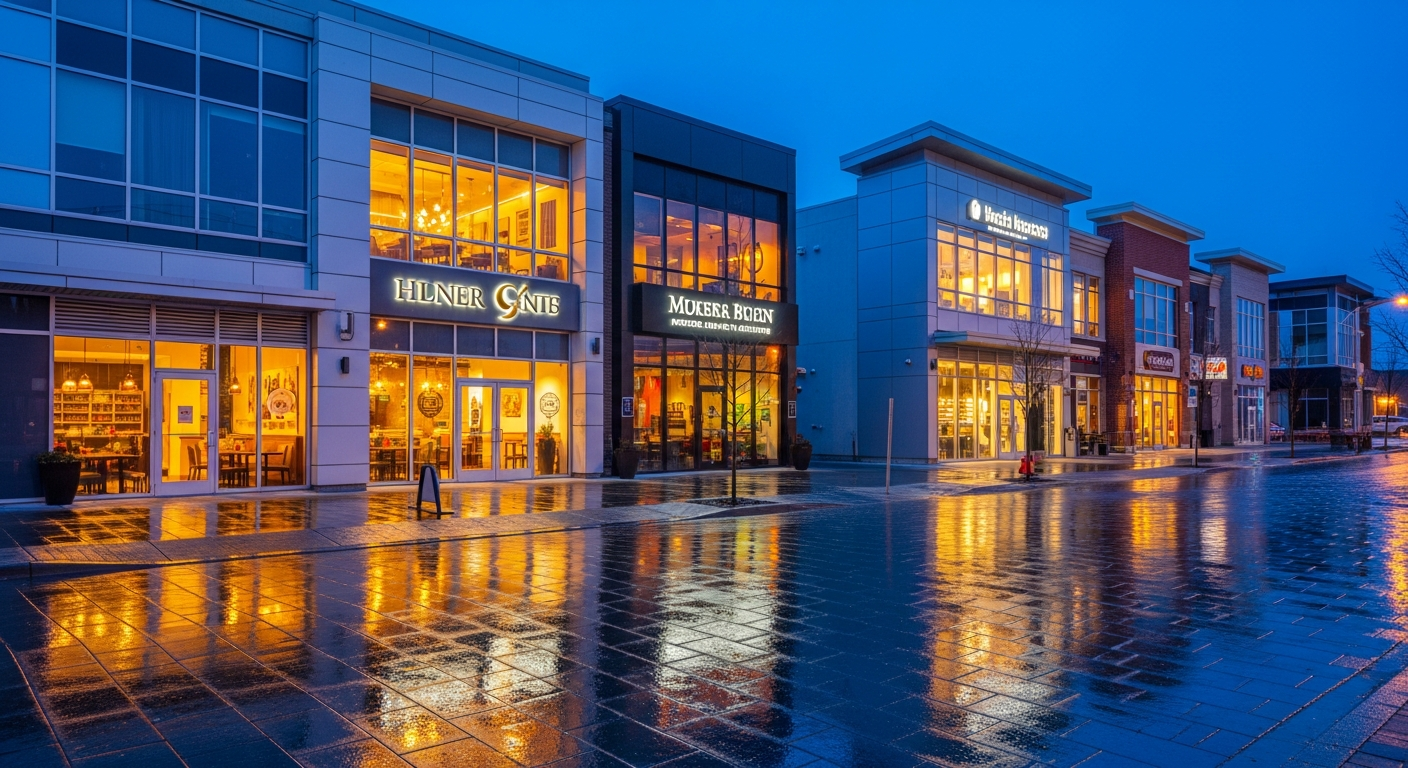 A modern Scarborough streetscape at dusk with warm storefront lighting