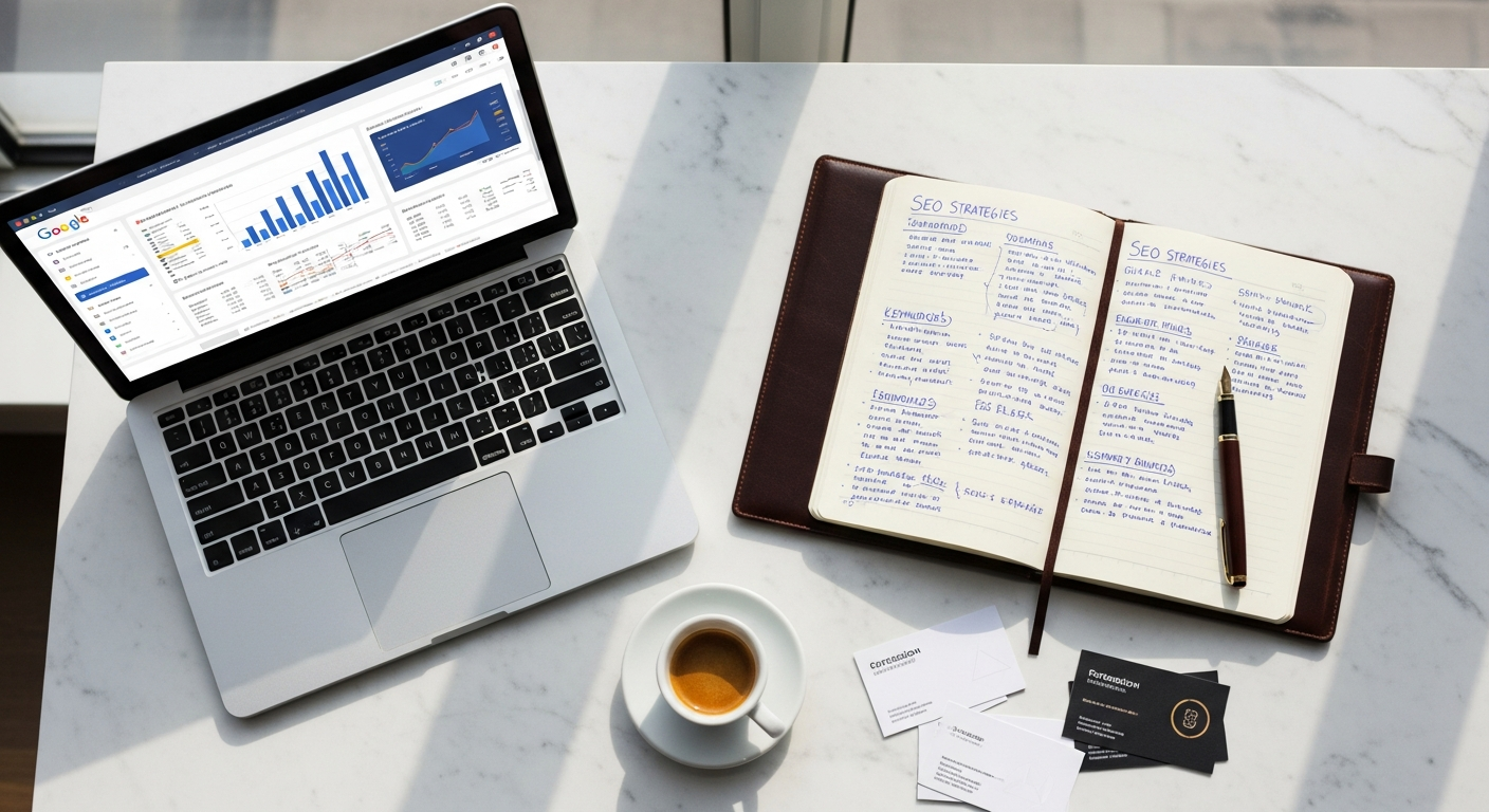 SEO strategy planning session with analytics, notebook, and coffee on a marble desk