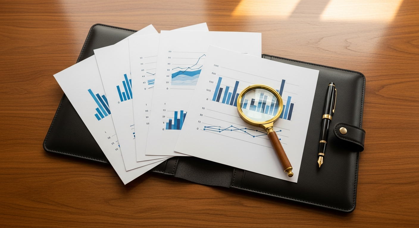A premium SEO audit document with leather portfolio, magnifying glass, and printed analytics charts on a polished walnut desk