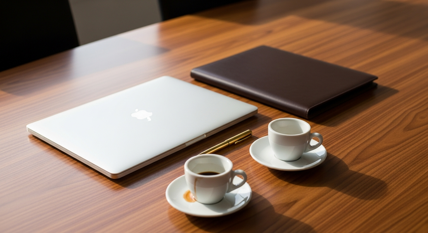 A calm executive review session — closed laptop, leather portfolio, espresso cups on a polished walnut conference table