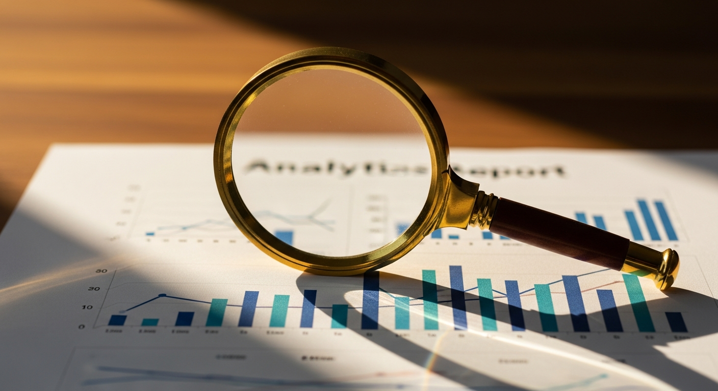 A brass magnifying glass resting on a printed analytics report with abstract sapphire bar charts