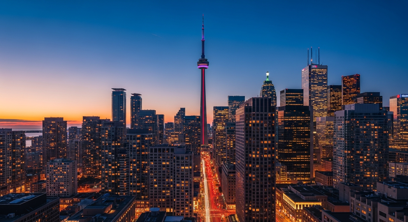 Toronto's downtown skyline at dusk — CN Tower, the financial district towers, soft sapphire and amber sky