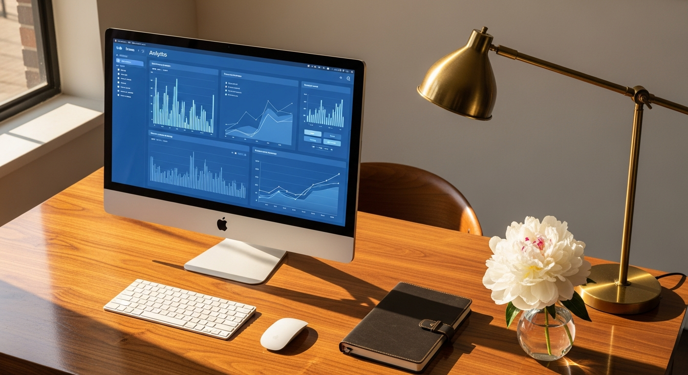 A clean overhead view of a thin iMac showing an abstract sapphire dashboard on a polished walnut desk