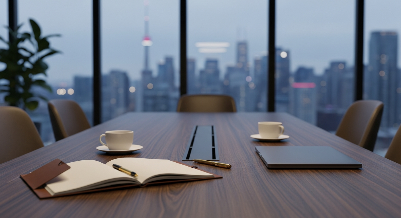 A premium Toronto agency strategy session table with leather notebook and cityscape view at dusk