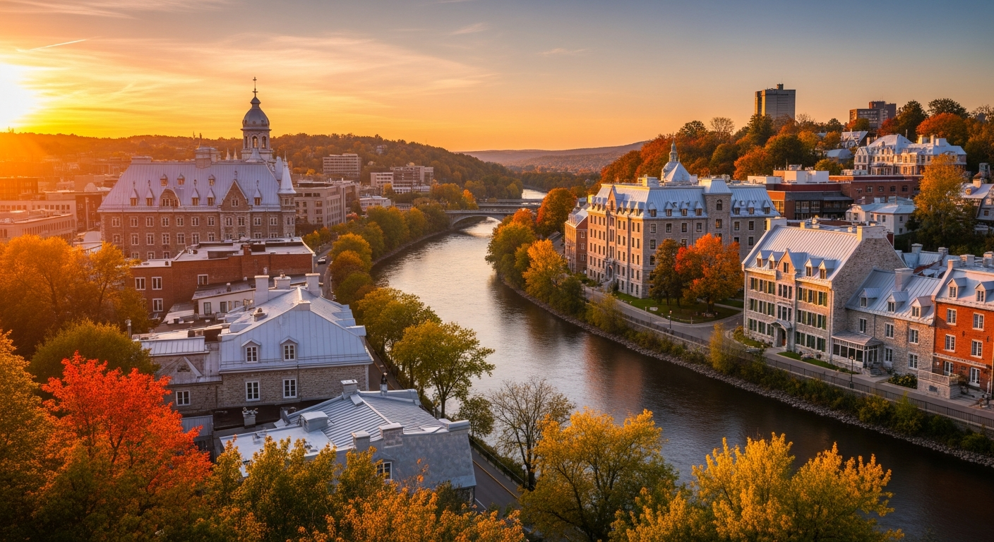 Sherbrooke Quebec downtown along the Magog River at golden hour with autumn maple colors