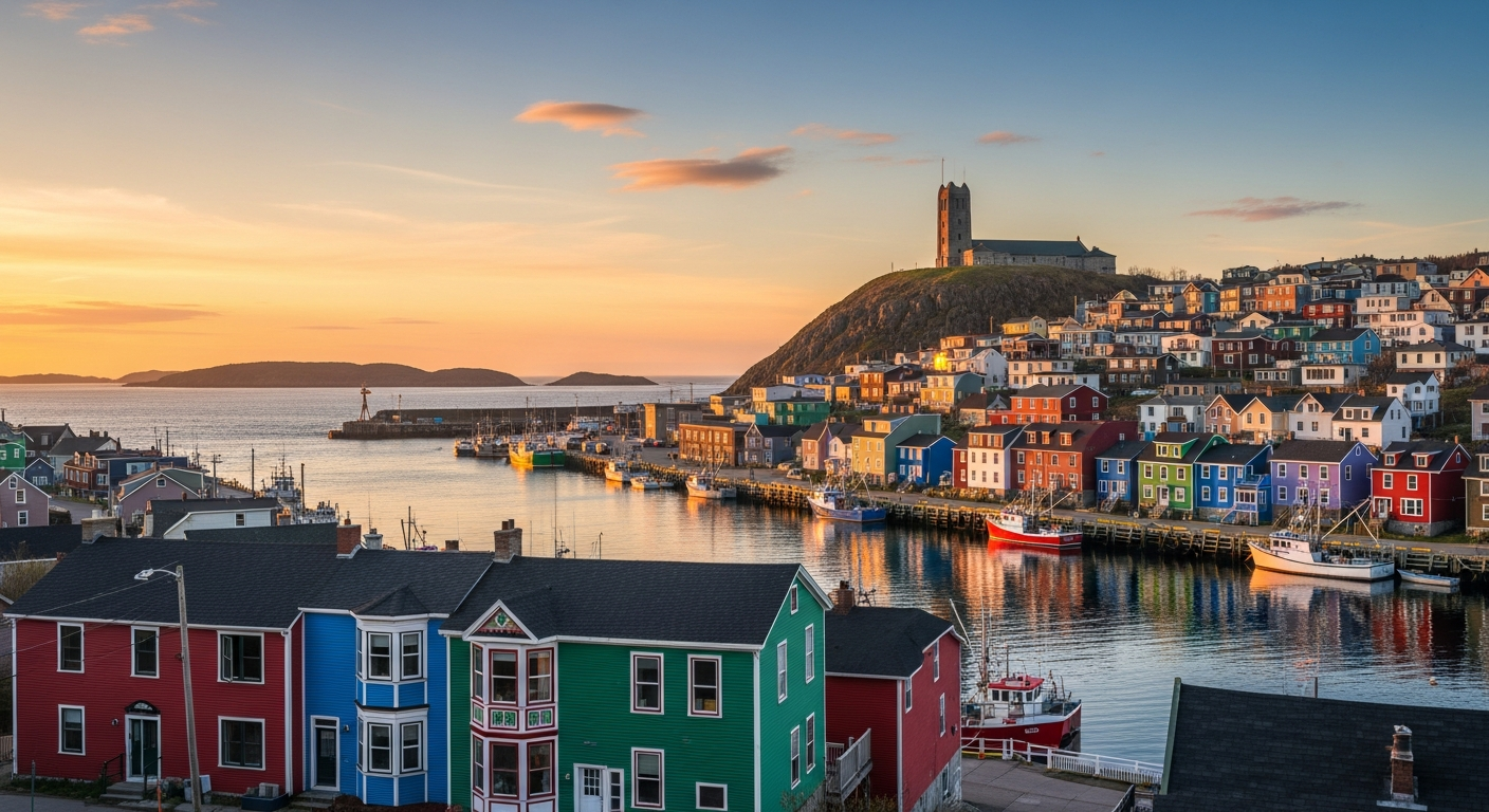 St John's Newfoundland harbour at golden hour with colorful jellybean row houses and Signal Hill