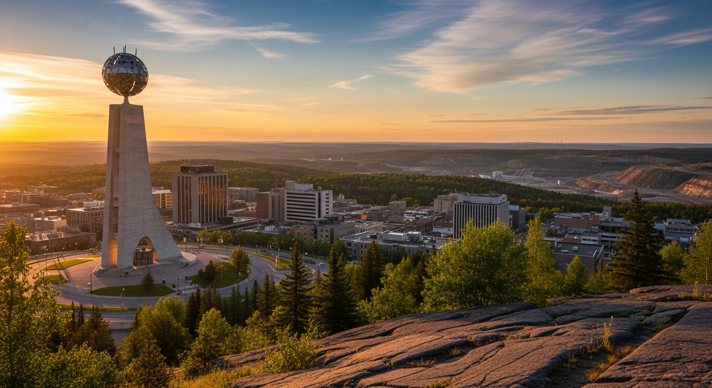 Sudbury Ontario downtown at golden hour with Big Nickel and Northern Ontario landscape