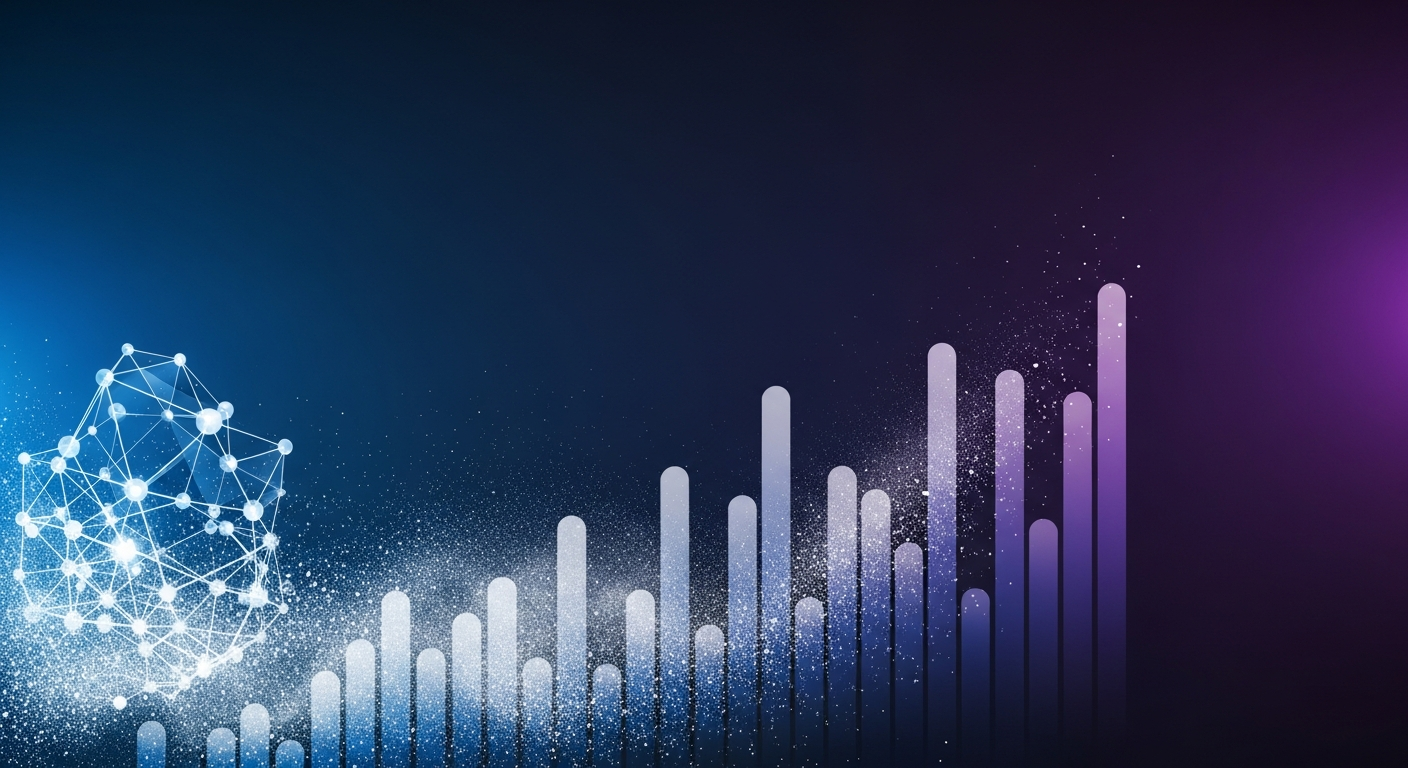 Abstract sapphire-and-violet visualization of a creatine molecule fused with search-ranking bars and an e-commerce product card