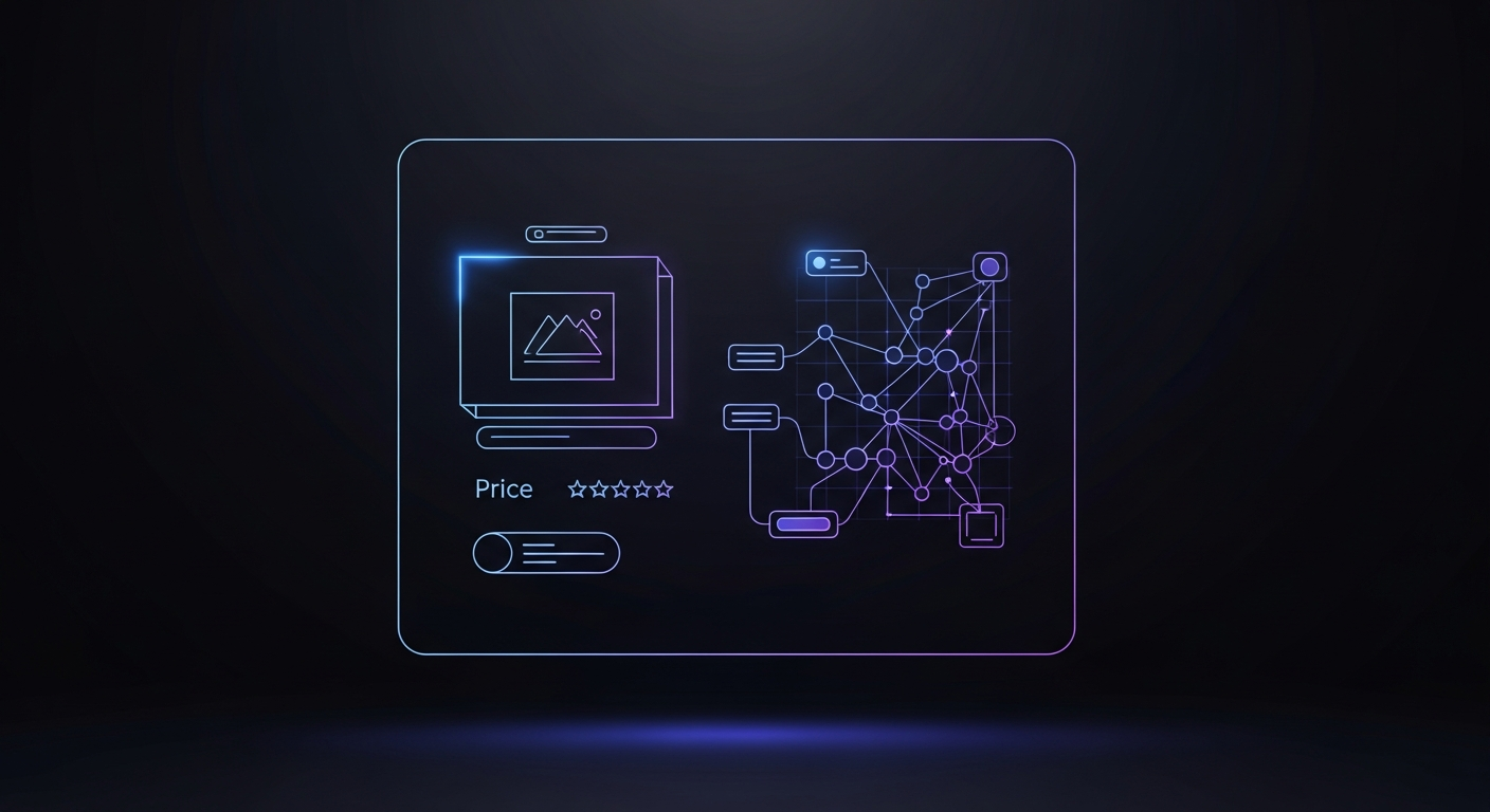 Wireframe anatomy of a supplement e-commerce product page with connected structured-data schema nodes