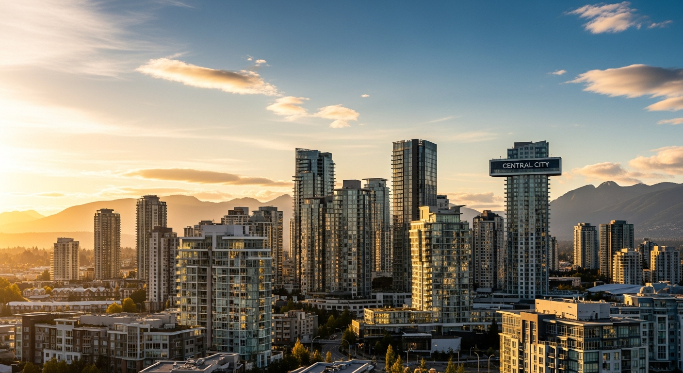 Surrey BC modern downtown towers and Central City buildings at golden hour