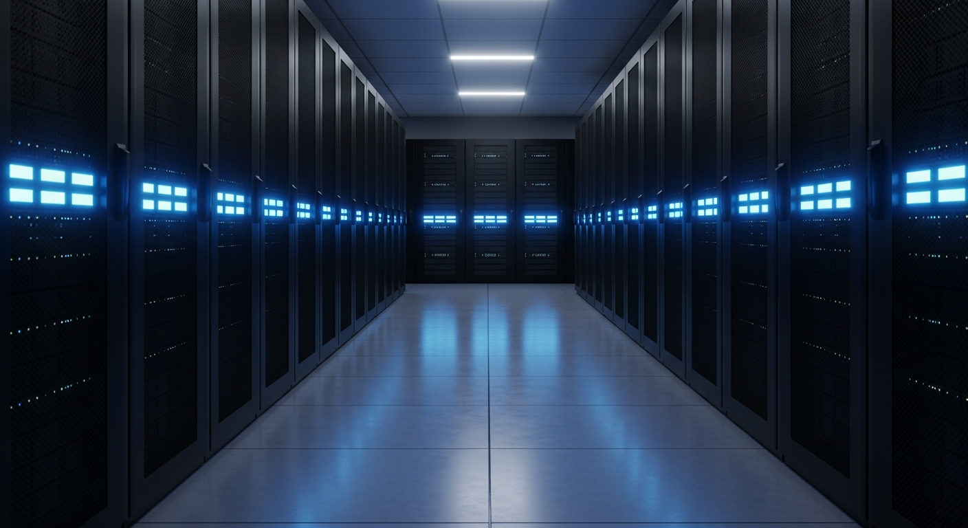 A modern data center corridor with rows of servers and soft sapphire LED lighting