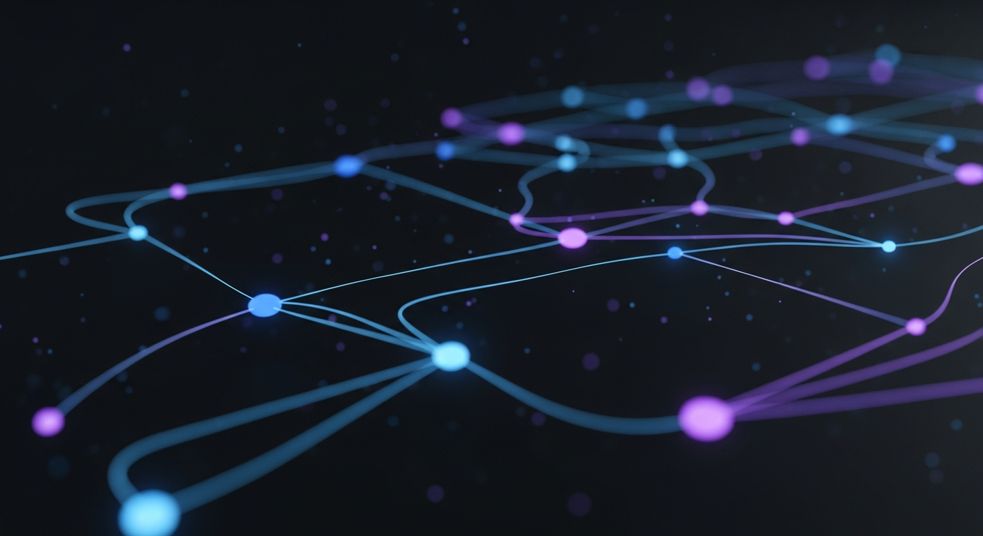 An abstract visualization of glowing sapphire and violet data nodes connected by light filaments on a dark background