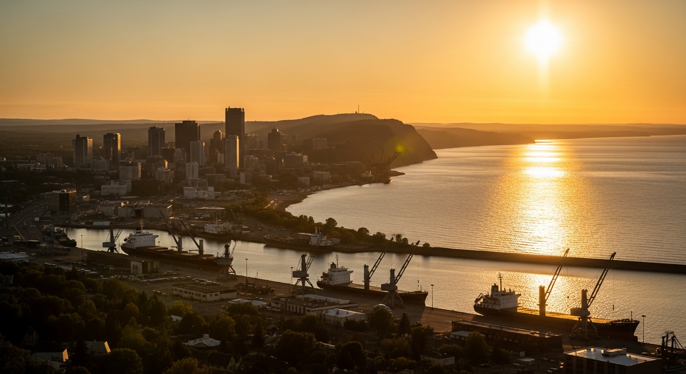 Thunder Bay Ontario waterfront at golden hour with Lake Superior and Sleeping Giant peninsula