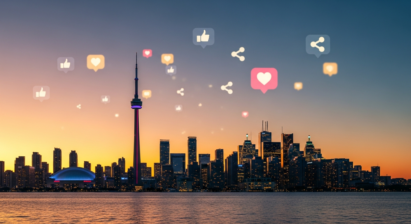 Toronto skyline at sunset with social media engagement concept