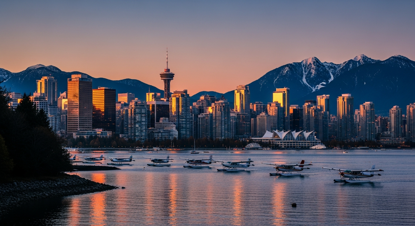 Vancouver downtown skyline at twilight with North Shore Mountains in background