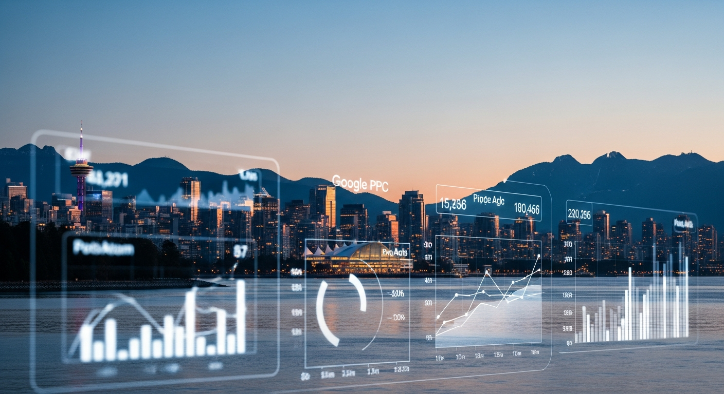 Vancouver downtown skyline at twilight with PPC analytics concept