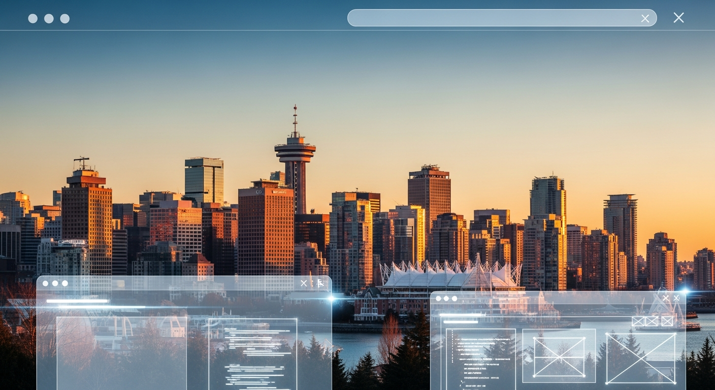 Vancouver downtown skyline at sunset with web design concept