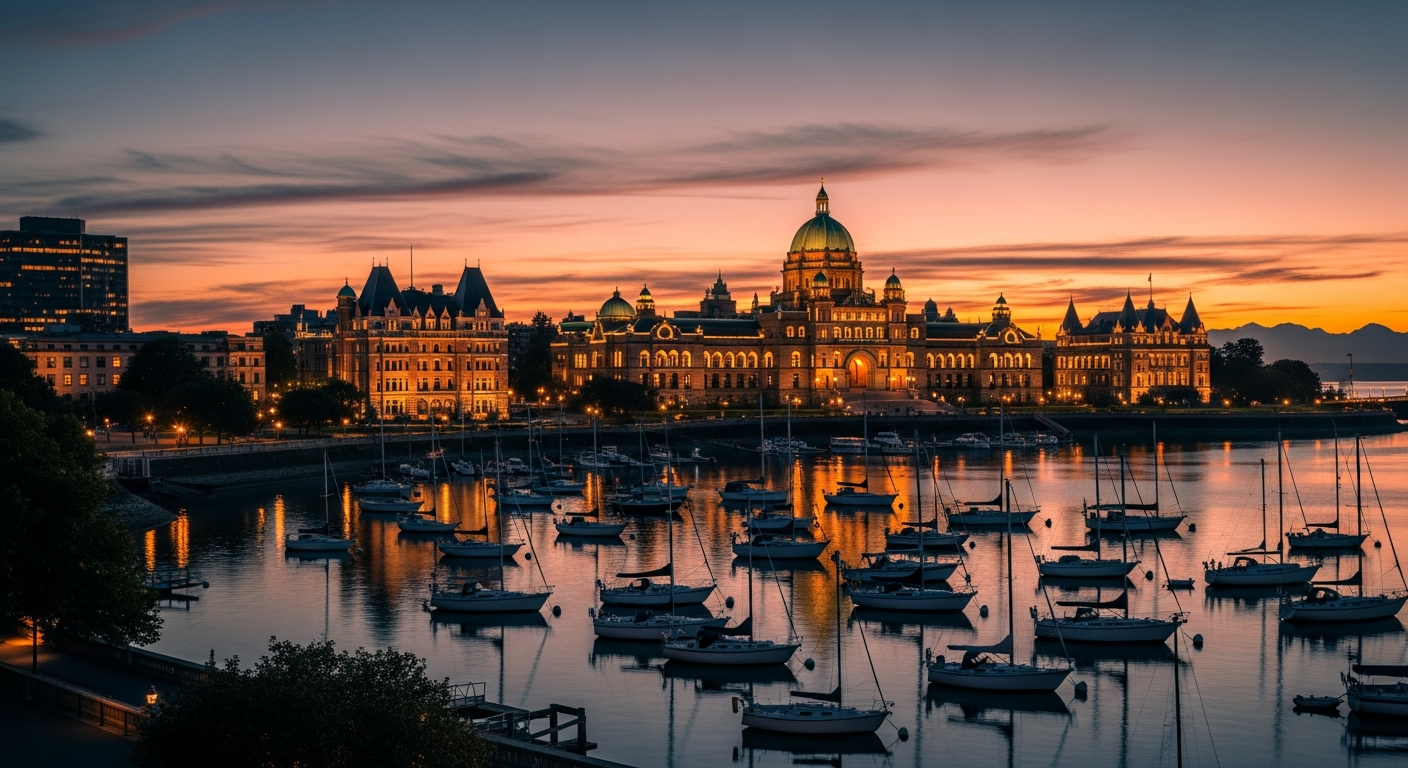 Victoria BC Inner Harbour at sunset with BC Parliament Buildings illuminated