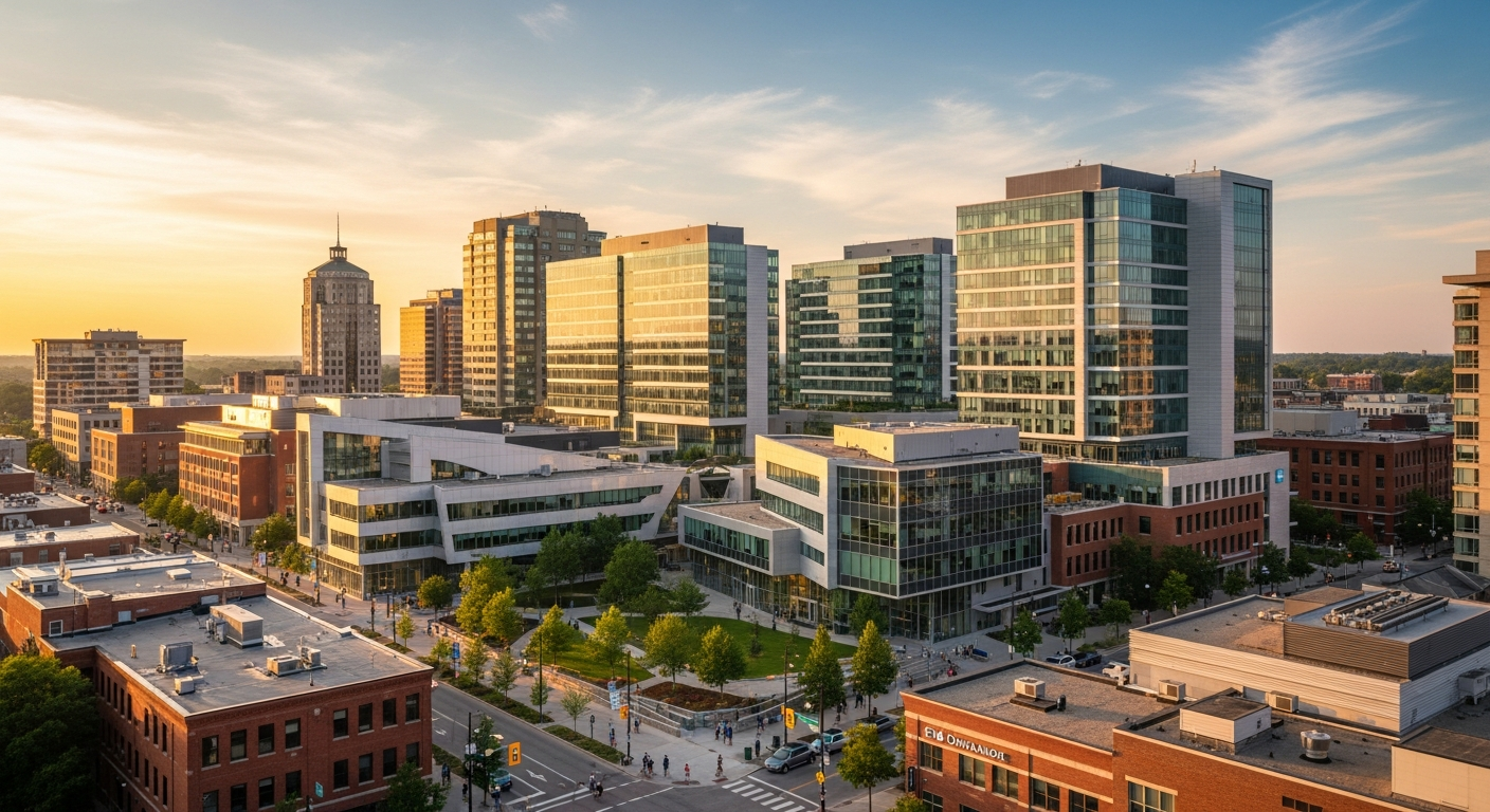 Waterloo Ontario downtown with University of Waterloo and tech campus buildings at golden hour