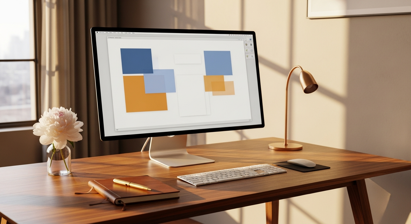 A premium designer's workspace at golden hour with a thin iMac, leather notebook, and warm sunlight on a polished walnut desk