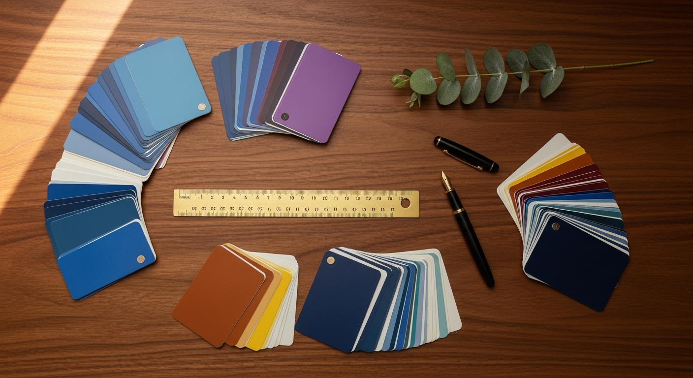 A designer's flat-lay with sapphire, violet, and amber color swatches on a polished walnut surface