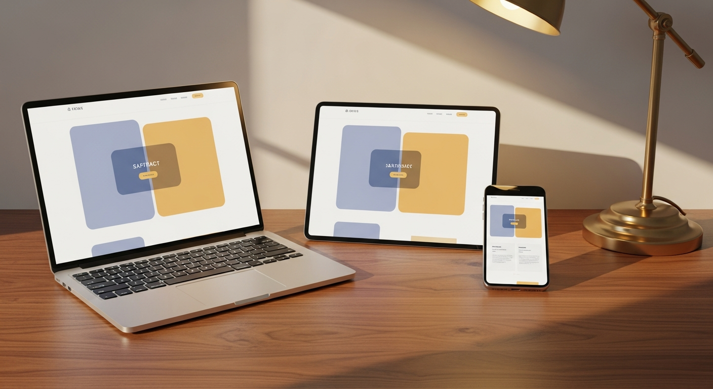 Three devices on a polished walnut desk — laptop, tablet, smartphone — all displaying the same abstract premium website mockup