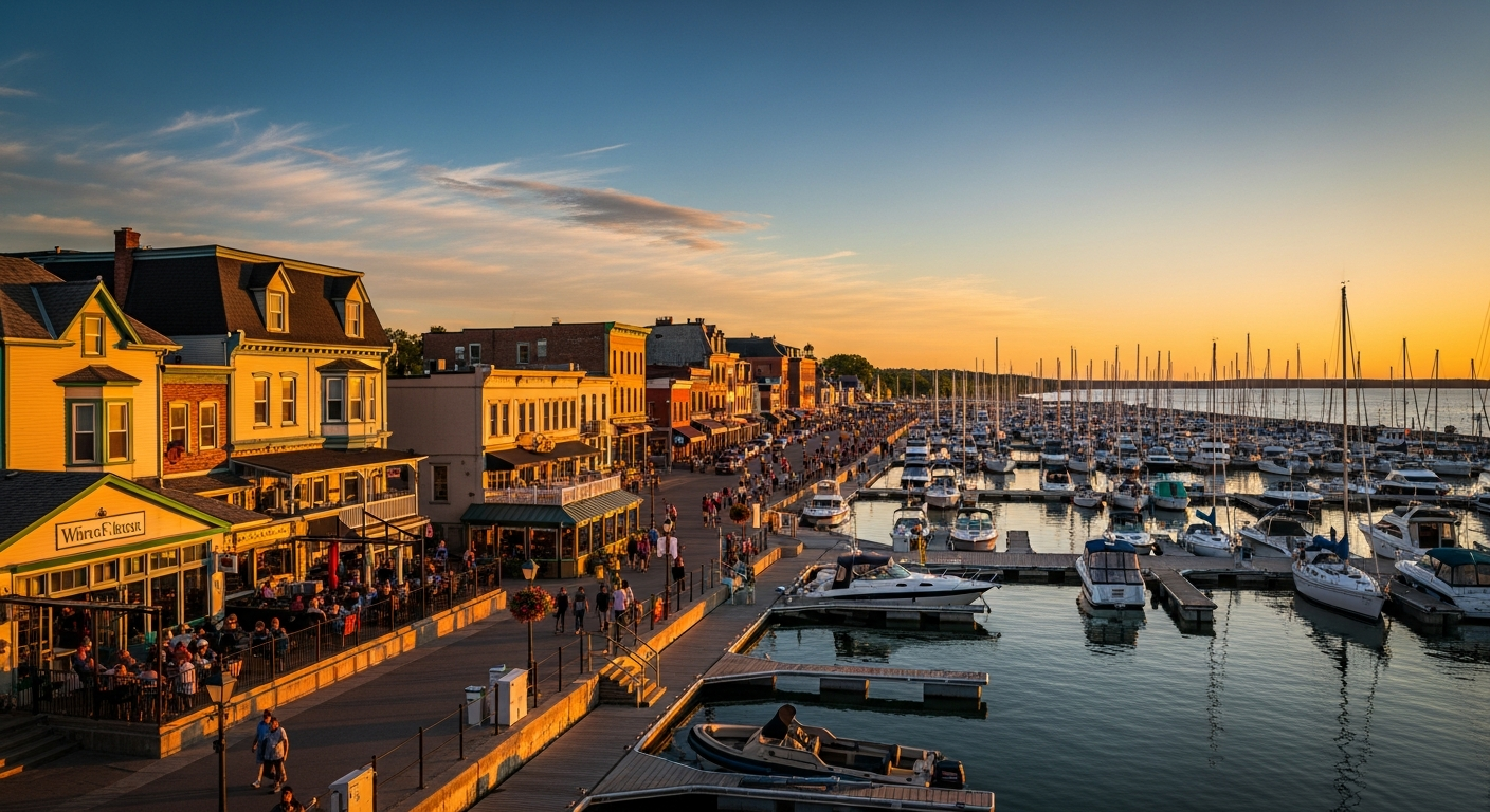 Whitby Ontario downtown at golden hour with historic Brock Street and Whitby Harbour marina