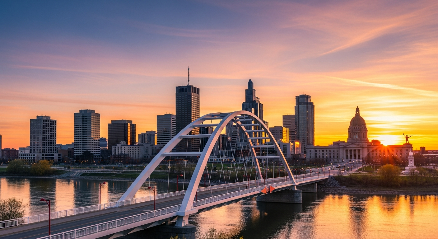 Winnipeg downtown skyline at golden hour with The Forks and Esplanade Riel