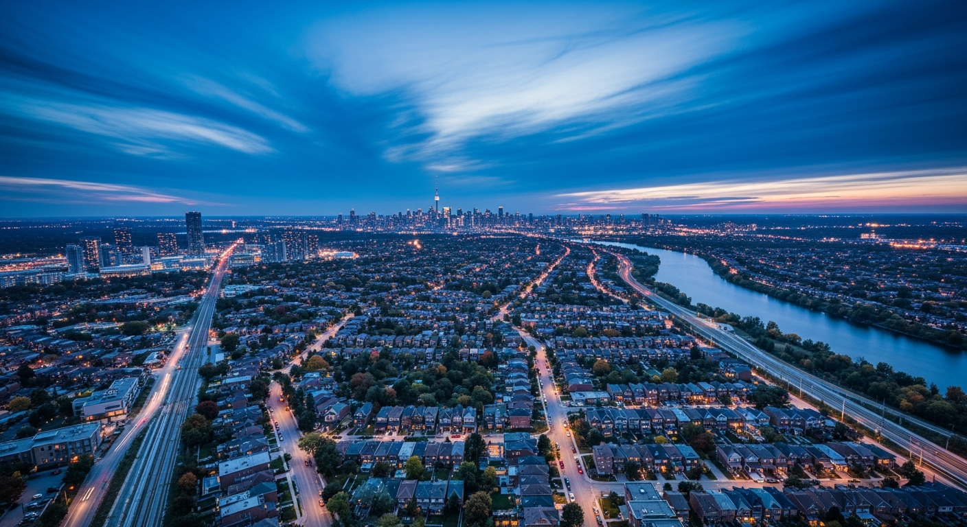 Aerial view of York at dusk in the Greater Toronto Area