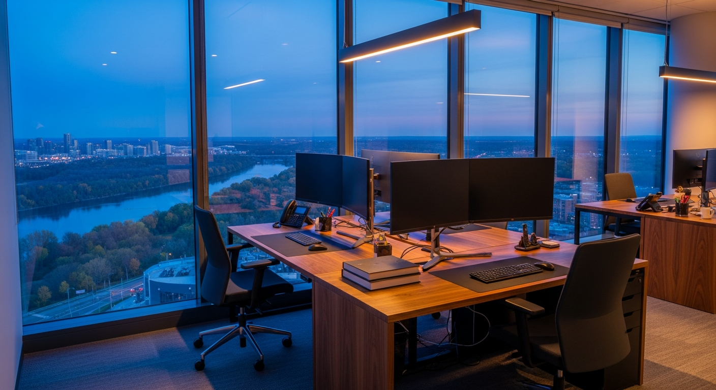 A modern marketing strategist's workspace overlooking York at dusk