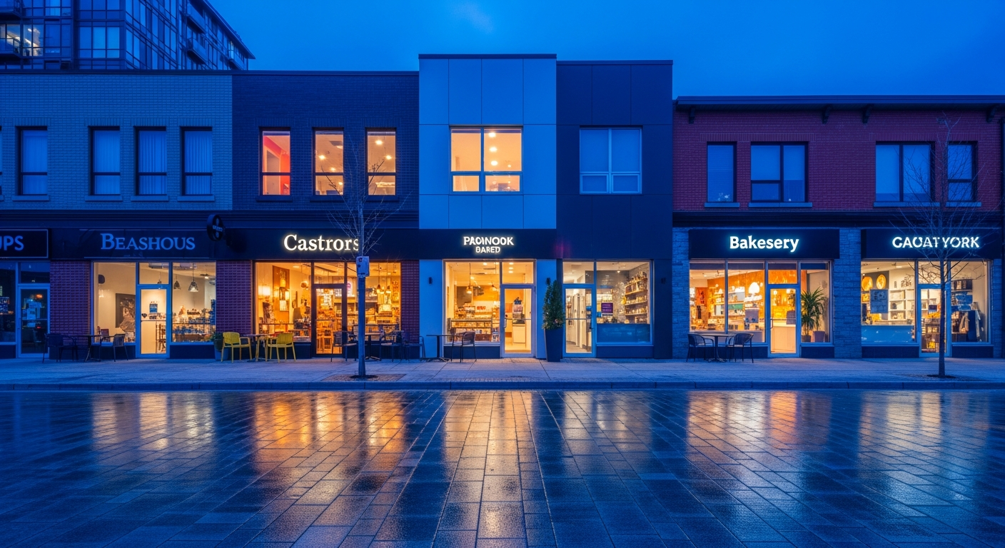 A modern York streetscape at dusk with warm storefront lighting