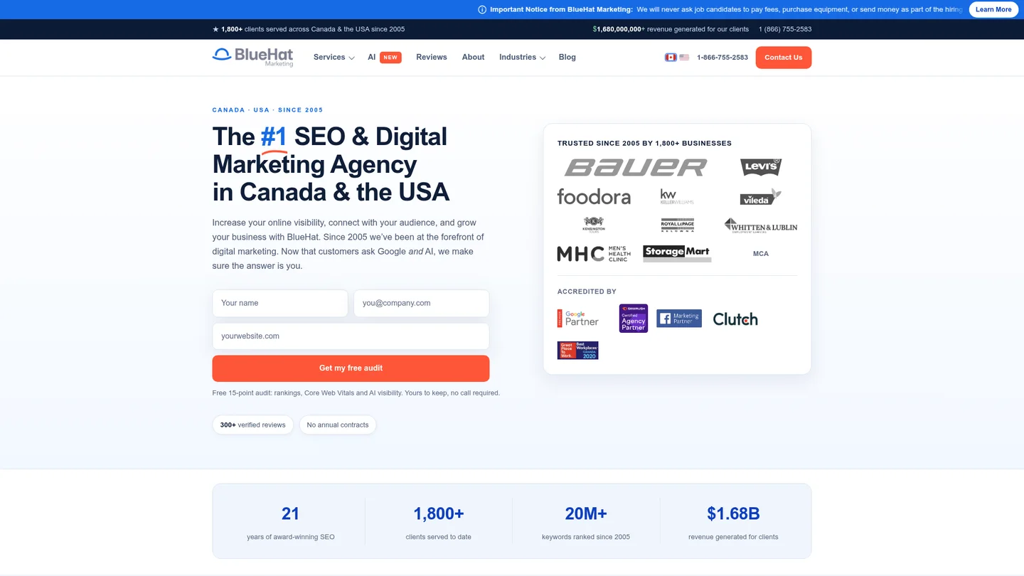 www.bluehatmarketing.com homepage for BlueHat Marketing, captured Oct 6, 2026