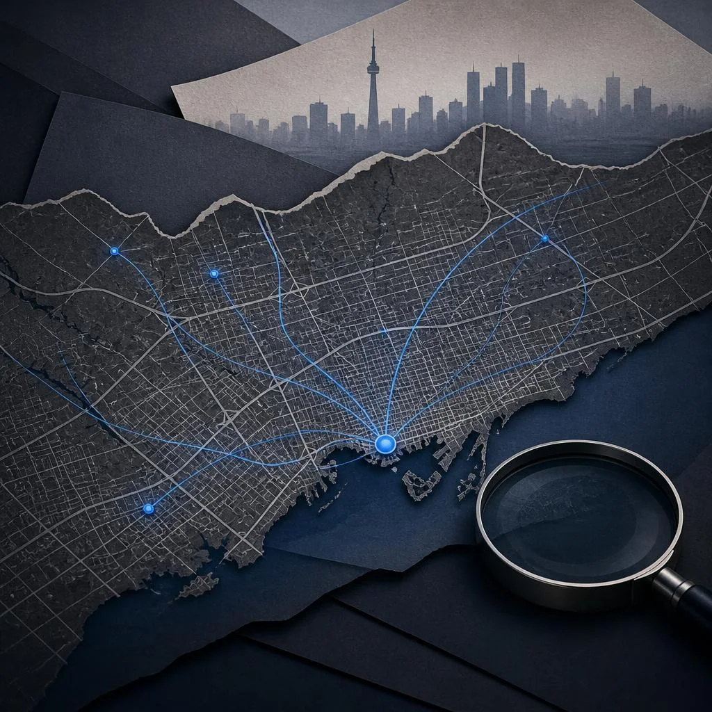 AI-generated abstract Toronto map with search-path lines and location points