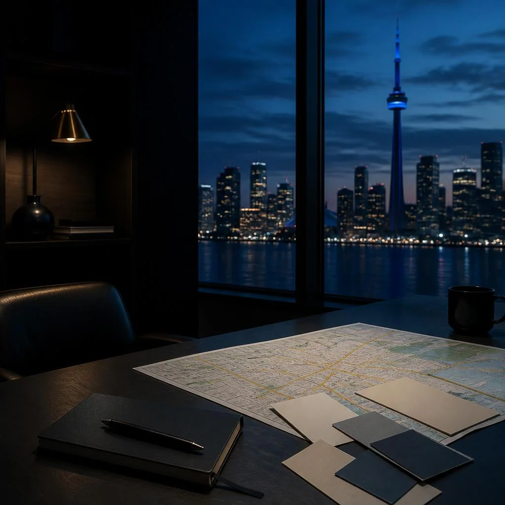 A Toronto skyline and street map on a desk, created as an editorial illustration for this guide