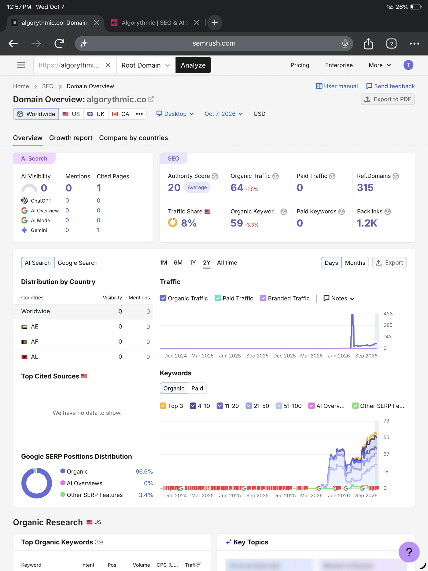 Semrush Domain Overview screenshot for algorythmic.co, WORLDWIDE database, Desktop