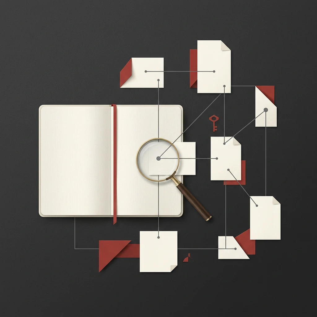Abstract editorial illustration of documents and a magnifying lens in charcoal and red