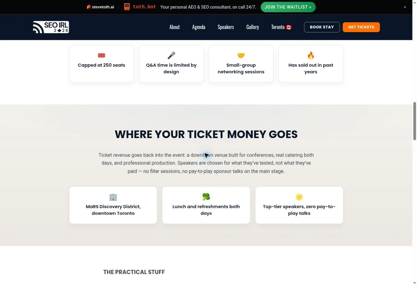 Screenshot of the SEO IRL website listing MaRS Discovery District and event organization details